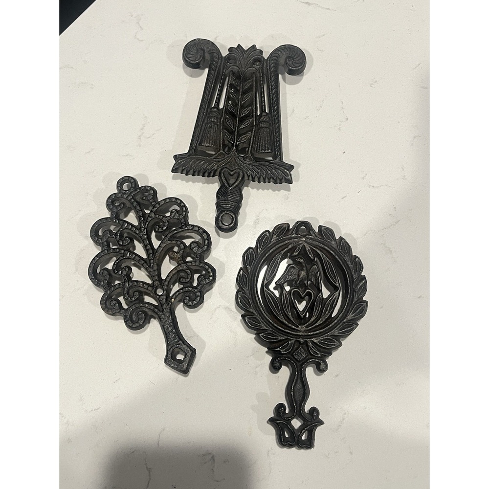 Vintage Cast Iron trivet lot decorative wall hanging tree broom heart folk bird